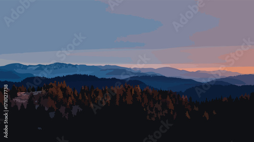 Distant Mountain Peaks at Dusk with Foreground Forest and Cloudy Sky mountains landscape.