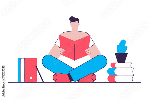 Person sitting cross legged reading a book with stacks of books and a plant isolated on transparent background isolated on white background