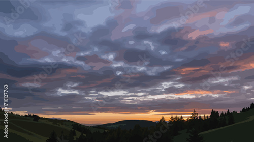 Dramatic cloudy sky at sunset over rolling hills and silhouetted pine trees clouds twilight.