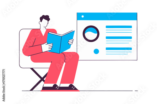 Man sitting on a chair reading a book next to a data visualization screen isolated on transparent background isolated on white background