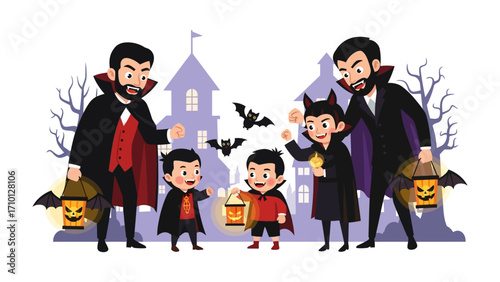 Halloween Night: Two Families Trick-or-Treating: Two families, dressed as vampires, embark on a spooky Halloween adventure.