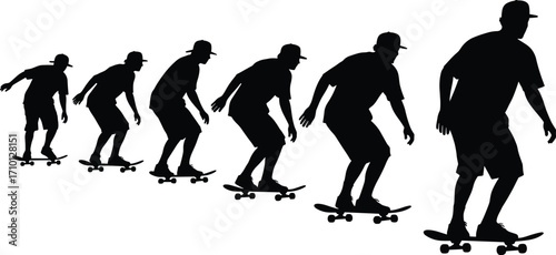 Sequence of skateboarder performing tricks, skateboarding action, motion progression, street sport, youth athlete, extreme sports, urban lifestyle, outdoor activity, dynamic movement