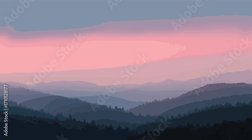 Layered mountain ranges fading into a soft pink and grey hazy sky at twilight hills landscape.