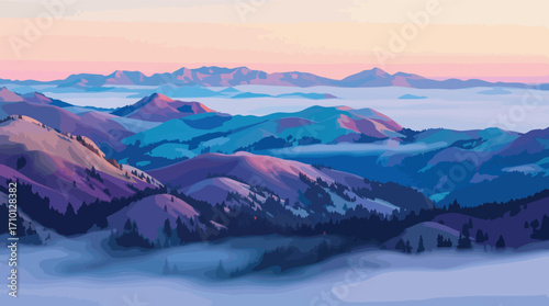 Mountain Peaks Above Clouds at Sunrise with Blue and Purple Tones mountains landscape.