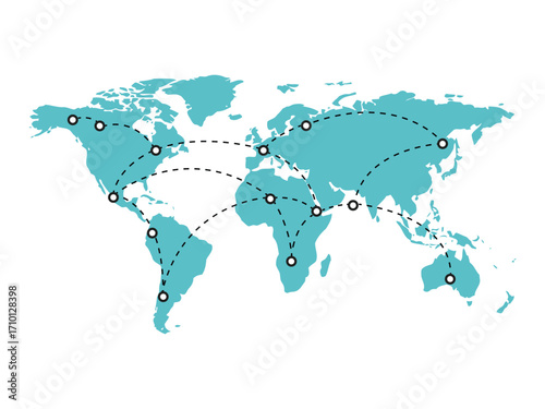 Teal world map with dotted lines connecting continents, illustrating a global network, travel, and communication.