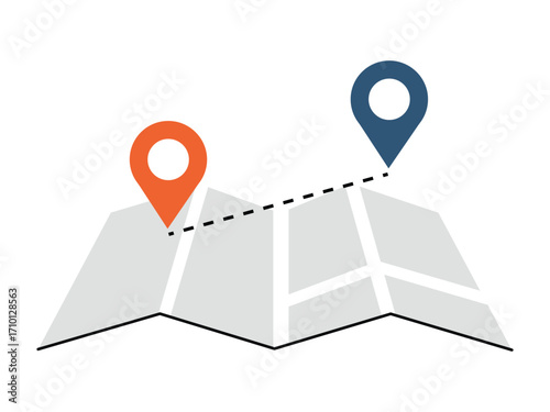 Illustration of a map with two location markers connected by a dashed line.
