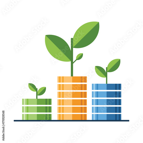 Stacks of coins with plants growing out of them, representing financial growth.