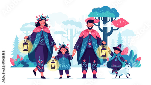 Family Adventure: An illustration of a family of four embarking on a magical journey, their vibrant costumes and lanterns illuminating their path through a whimsical forest.