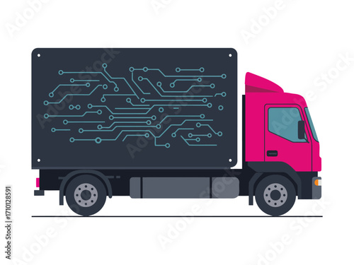 Pink delivery truck with circuit board design on its side.