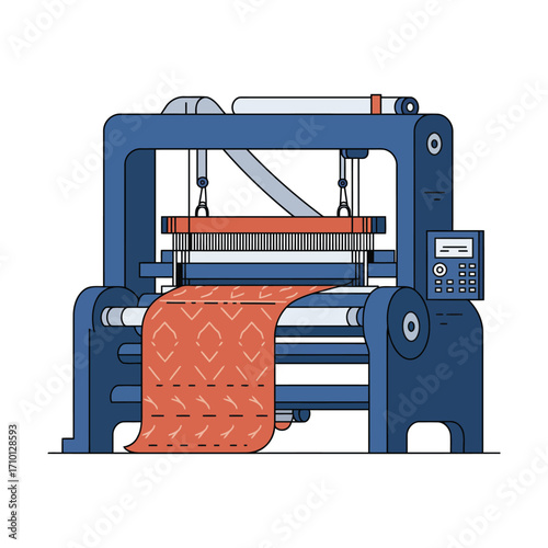 Vector illustration of an industrial heat press machine processing patterned orange textile fabric.