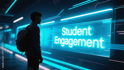 Silhouette of a person with a backpack looking at a futuristic digital screen displaying 'student engagement'