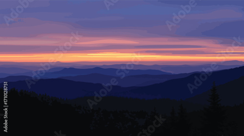 Twilight Sky with Orange and Pink Hues Over Dark Blue Mountain Layers sunset mountains.