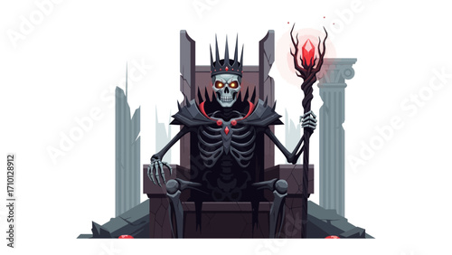 Royal Skeleton on the Throne: A skeletal king, adorned with a crown and holding a magical staff, sits on a throne, exuding an aura of dark fantasy and power.