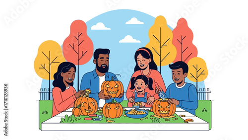 Halloween Pumpkin Carving Family: A vibrant illustration captures a family's joyful Halloween preparations, meticulously carving pumpkins amidst the warm hues of autumn foliage.
