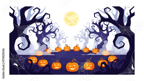 Halloween Pumpkin Illustration: A whimsical illustration of Halloween night, with carved pumpkins aglow under a full moon and shadowy trees in a mysterious atmosphere.