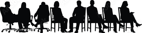 Silhouette of business people sitting on chairs, office meeting posture, corporate teamwork, waiting room, professional staff, workplace concept