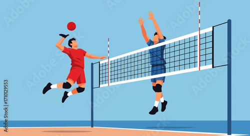 In a dynamic illustration, an airborne attacker in red unleashes a powerful spike against a defender's decisive block at the volleyball net. Vector Art