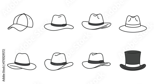Collection of diverse hat styles presented in simple black and white outlines