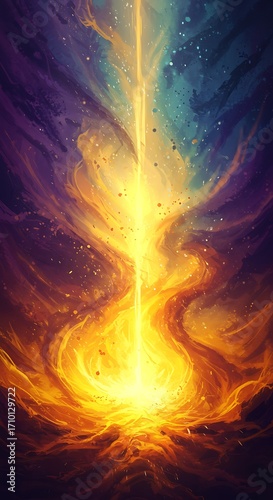 A vibrant abstract painting of a powerful golden beam of light erupting from a fiery nebula into a cosmic sky.