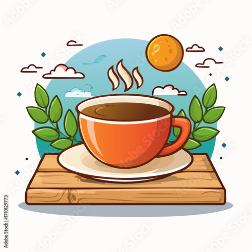 Orange Coffee Cup on Wooden Tray with Sunny Sky