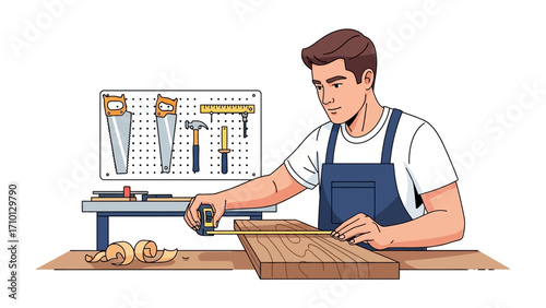 Crafting Precision: A focused craftsman meticulously measures a wooden plank in a well-lit workshop, showcasing dedication to detail and mastery of the craft.