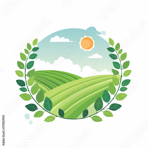 Green Rolling Hills Landscape with Sun and Leaves