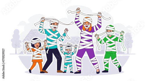 Halloween Mummy Family Celebration: A family joyfully celebrates Halloween, dressed as mummies in a flat illustration style. Capturing the festive mood and seasonal fun.