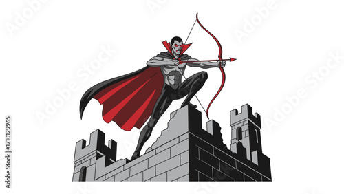 Vampire Archer: A bold illustration captures the menacing allure of a vampire archer poised atop a castle wall, ready to release a powerful shot.