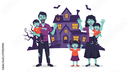 Spooky Family Gathering: A cartoon family poses in front of a haunted house, embodying the spirit of Halloween with playful zombies, a creepy atmosphere, and the thrill of festive fun.