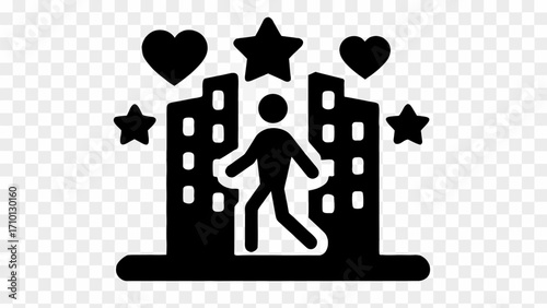 Icon showing a person walking between buildings with hearts and stars above them in black and white silhouette
