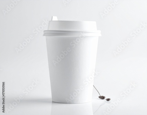 A pristine white disposable coffee cup with lid, sits on a reflective surface, next to a few coffee beans.