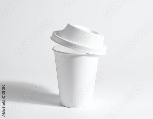 A plain white disposable coffee cup with its lid slightly ajar, casting a shadow.