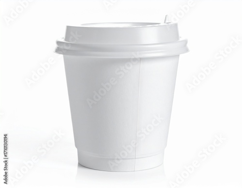 A plain white disposable coffee cup with a lid, isolated on a white background.