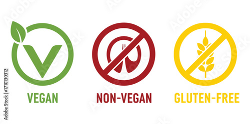 Three dietary restriction symbols: vegan, non vegan, and gluten free indicators displayed side by side