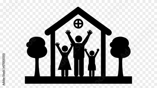 Silhouette of family with raised hands inside house with trees on either side in black and white style