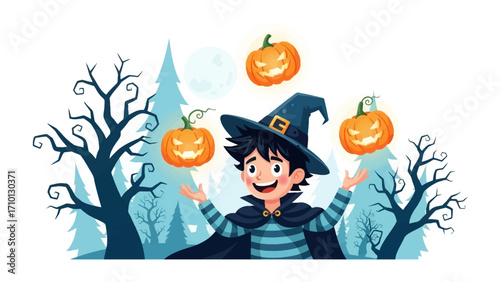 Enchanting Halloween: A spirited young boy dressed in a whimsical witch costume gleefully juggles glowing, carved pumpkins, embodying the joy and playful magic of Halloween night.