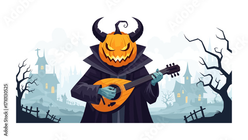 Halloween Serenade: An illustration captures a spooky character with a pumpkin head and horns, clad in a dark cloak, serenading with a lute, set against a backdrop of a haunted village.