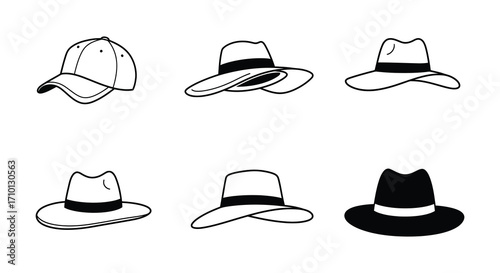 Black and white outline illustrations of various hat styles displayed neatly