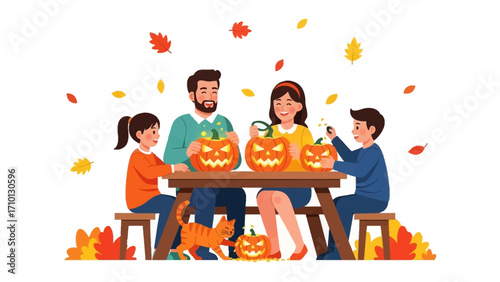 Autumn Harvest: A cheerful family, including children, gathers around a wooden table for a festive pumpkin carving session in the colorful ambiance of autumn.