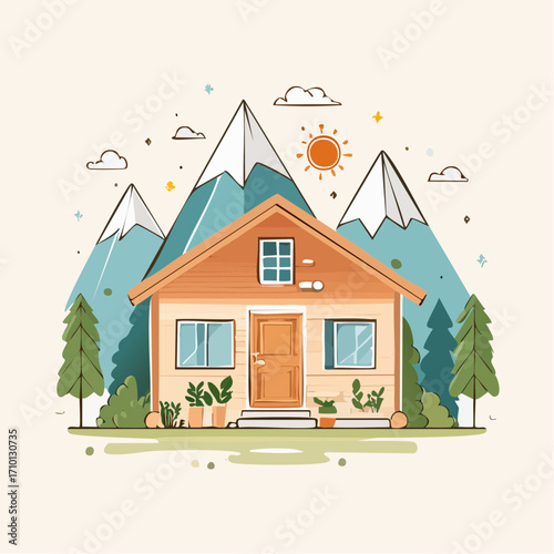 Mountain Cabin Illustration: Cozy Wooden House in Alpine Landscape