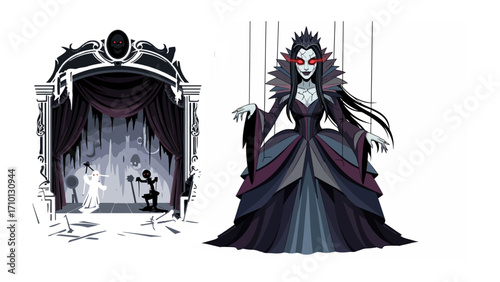 Dramatic Puppet Master: A dark illustration reveals a puppet master and her theater of marionettes. The scene is steeped in theatrical artistry, perfect for conveying concepts of control, performance.