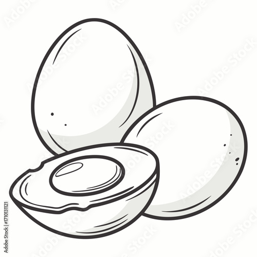 Hand drawn illustration of farm fresh eggs, two whole and one cut in half, showcasing yolk and white