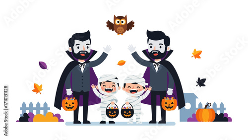Halloween Gathering: A fun and festive illustration captures the spirit of Halloween, featuring two figures in vampire costumes waving and two children in mummy costumes.