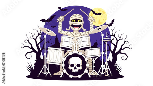 Mummy Drummer in a Spooky Halloween Scene: A cheerful cartoon mummy drummer, wrapped in bandages, enthusiastically plays a drum set.  Surrounding it, a creepy moon, bats.