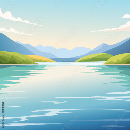 Serene Lake Landscape with Mountain Range under a Clear Sky