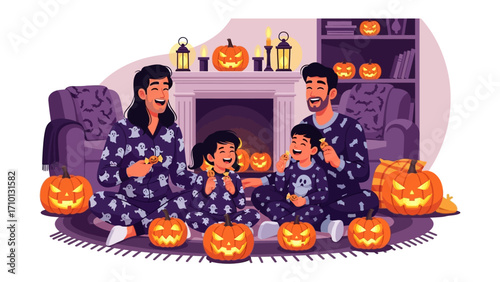 Family Halloween Cheer: A vibrant illustration capturing a cozy Halloween family scene. Smiling parents and their excited children dressed in pajamas and gather around.