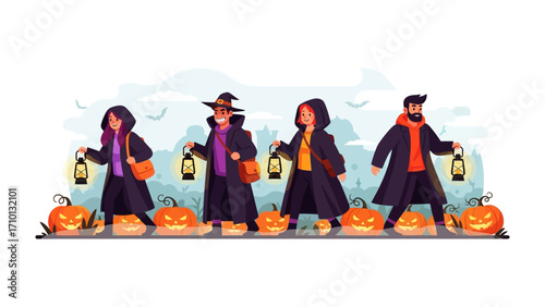 Halloween Costume Parade: An illustration of a group of individuals, donned in Halloween costumes. Each person holds a lantern. Amidst the festive setup are carved pumpkins.