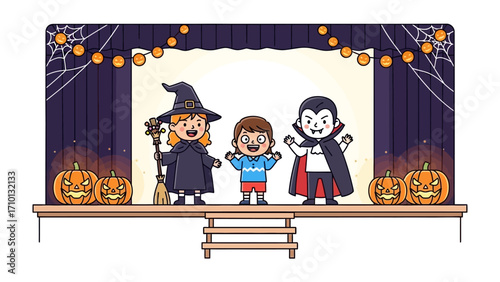 Happy Halloween: A spooky scene featuring a vibrant theater stage, adorned with carved pumpkins and festive spiderwebs. It captures the joyous spirit of Halloween, as a witch.