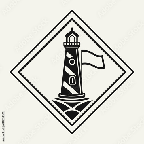 Lighthouse emblem design in a geometric frame, a beacon of hope and safety