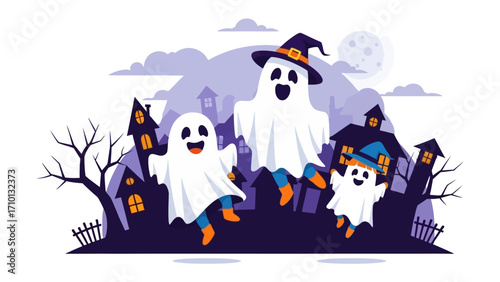 Ghostly Gathering: A playful illustration captures the whimsical charm of Halloween, showcasing friendly ghosts floating amongst spooky haunted houses under a moonlit sky.